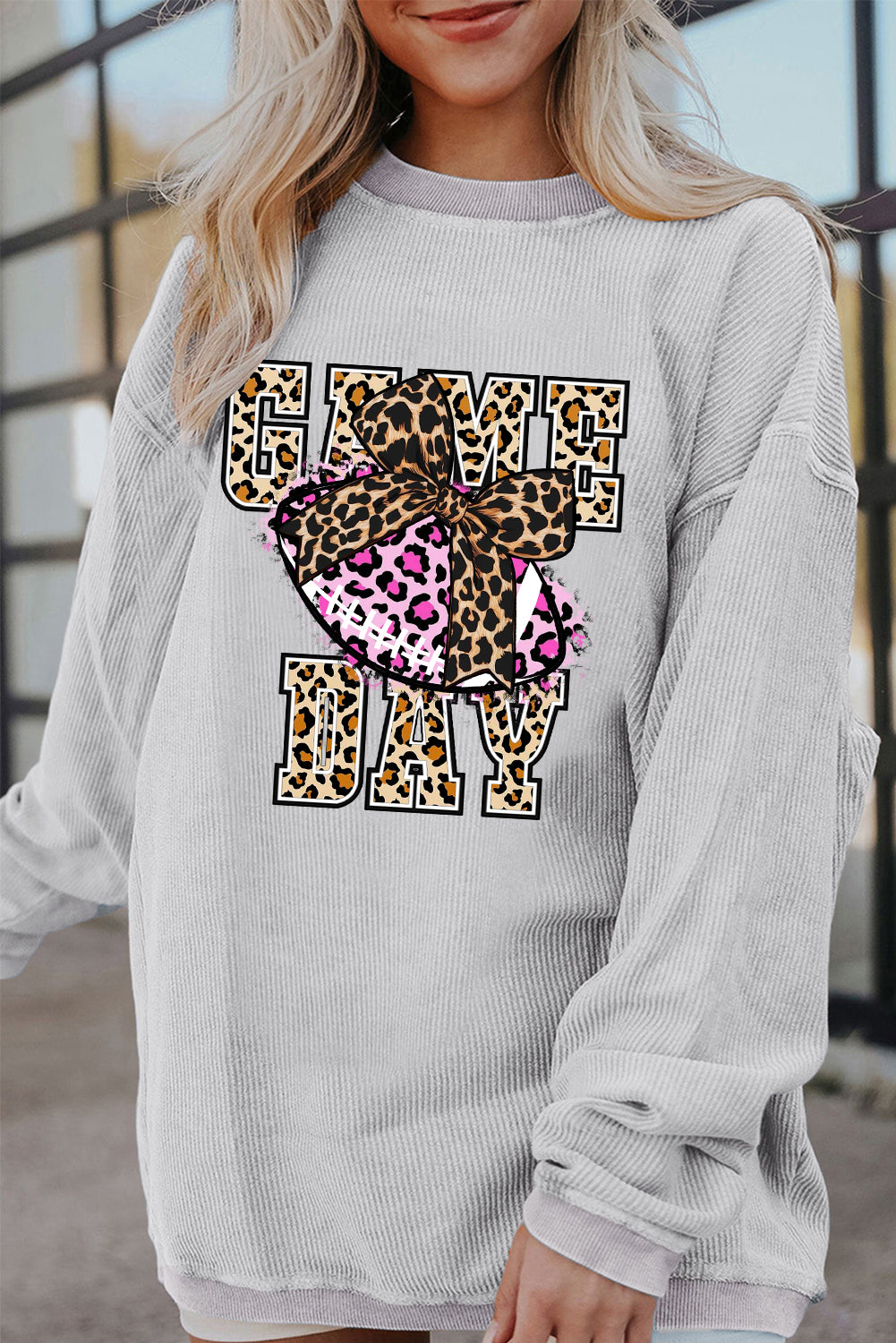 Game Day Rugby Ribbed Knit Leopard Crew Neck Pullover Sweatshirt