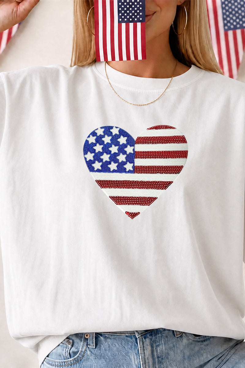 Heart American Flag Independence Day Short Sleeve Tee
