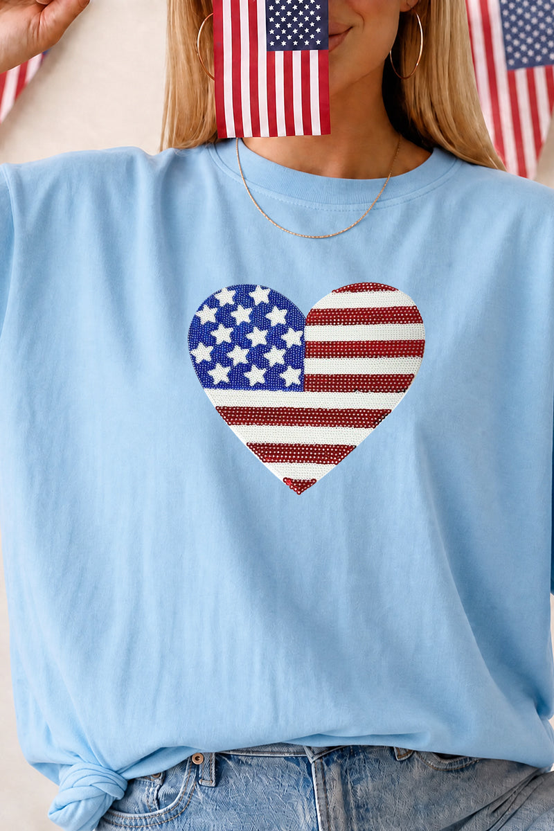 Heart American Flag Independence Day Short Sleeve Tee