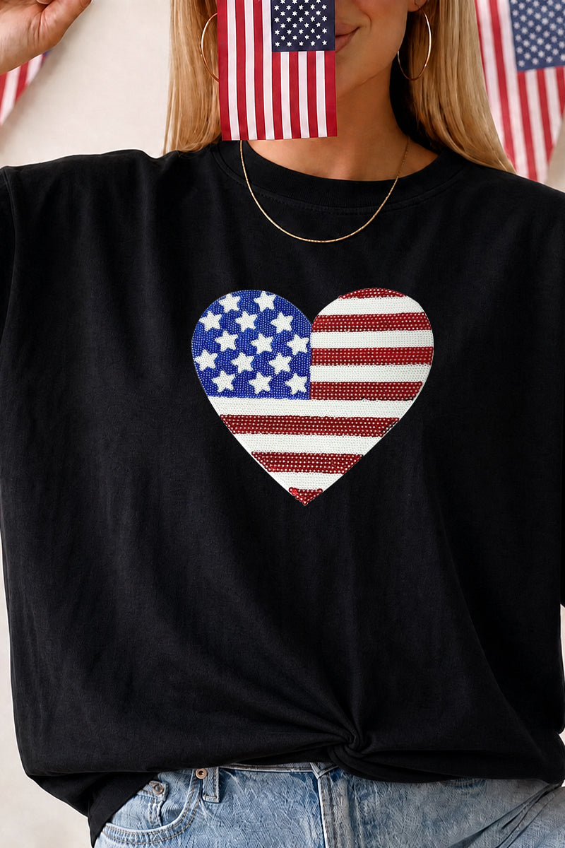 Heart American Flag Independence Day Short Sleeve Tee