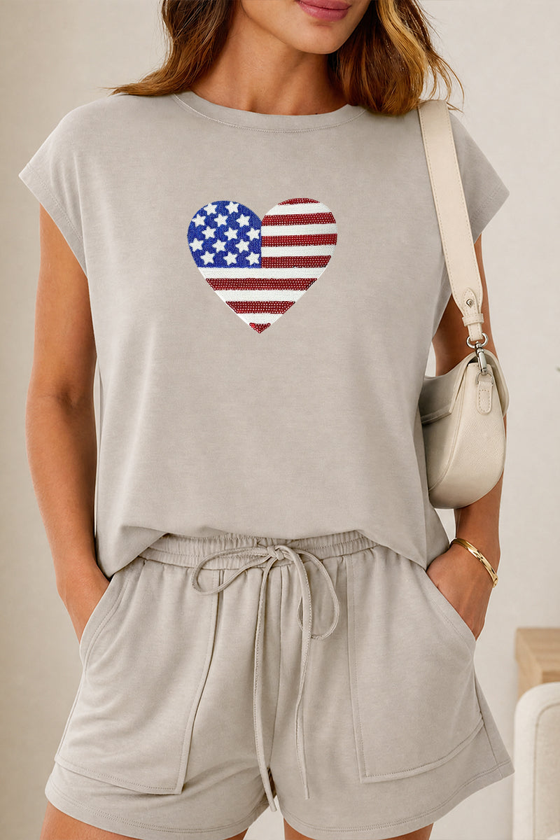 Heart Flag Tee Shorts Set Patriotic Summer Outfit Independence Day