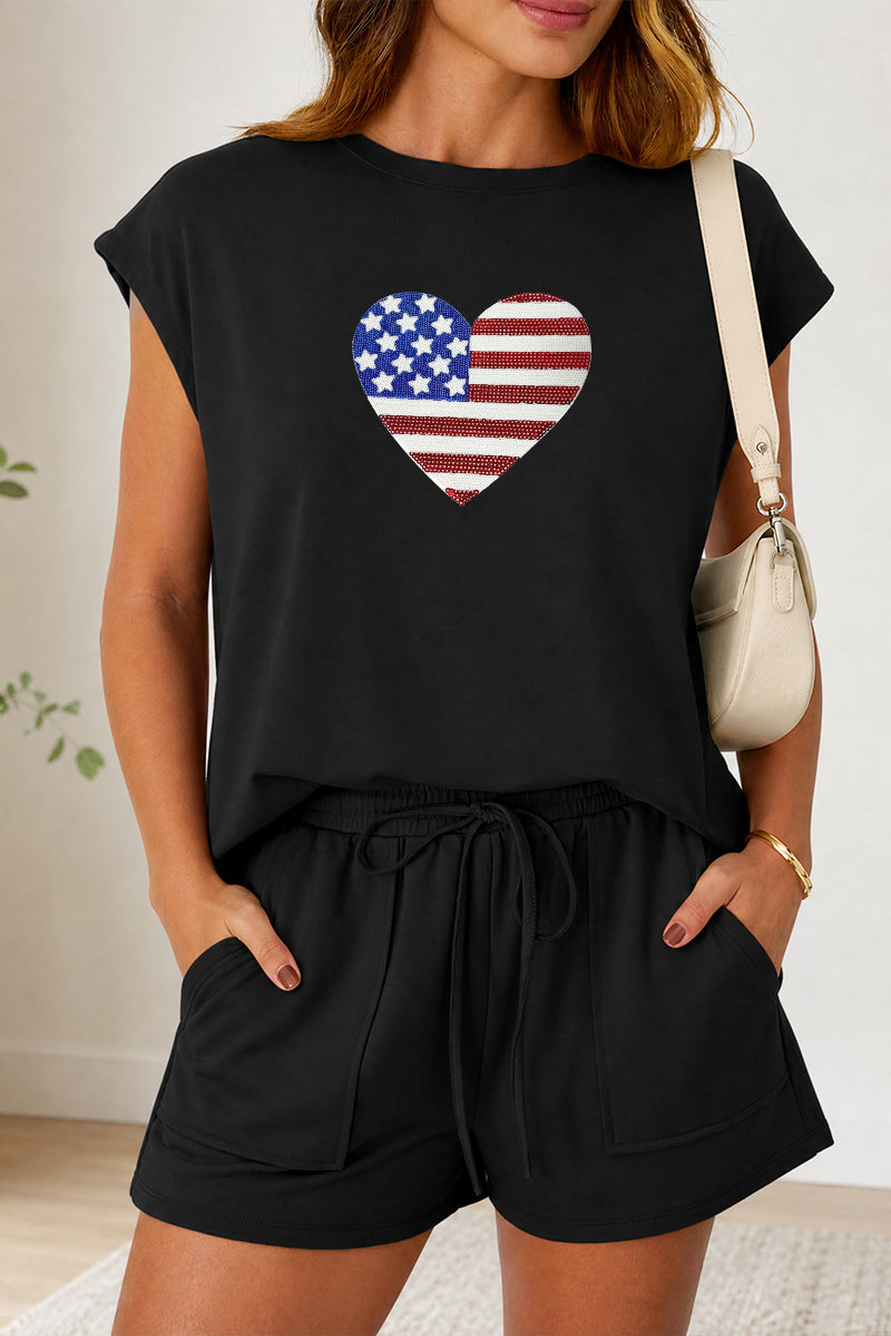Heart Flag Tee Shorts Set Patriotic Summer Outfit Independence Day