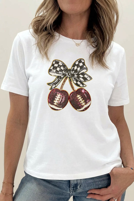 Game Day Football Cherry Bow Graphic Tee Women Sport Shirt