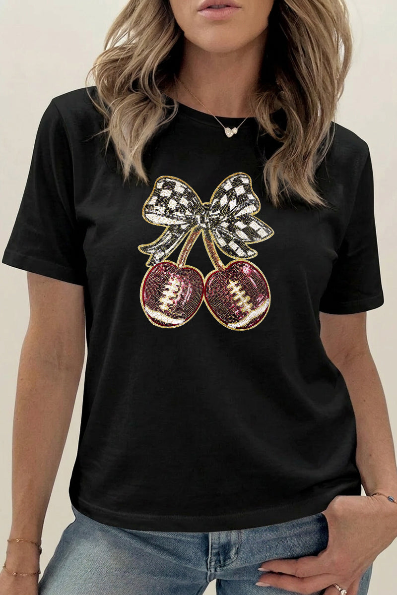 Game Day Football Cherry Bow Graphic Tee Women Sport Shirt