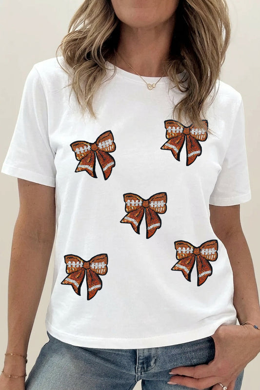 Football Bow Cotton Blend Tee Casual Boutique Graphic