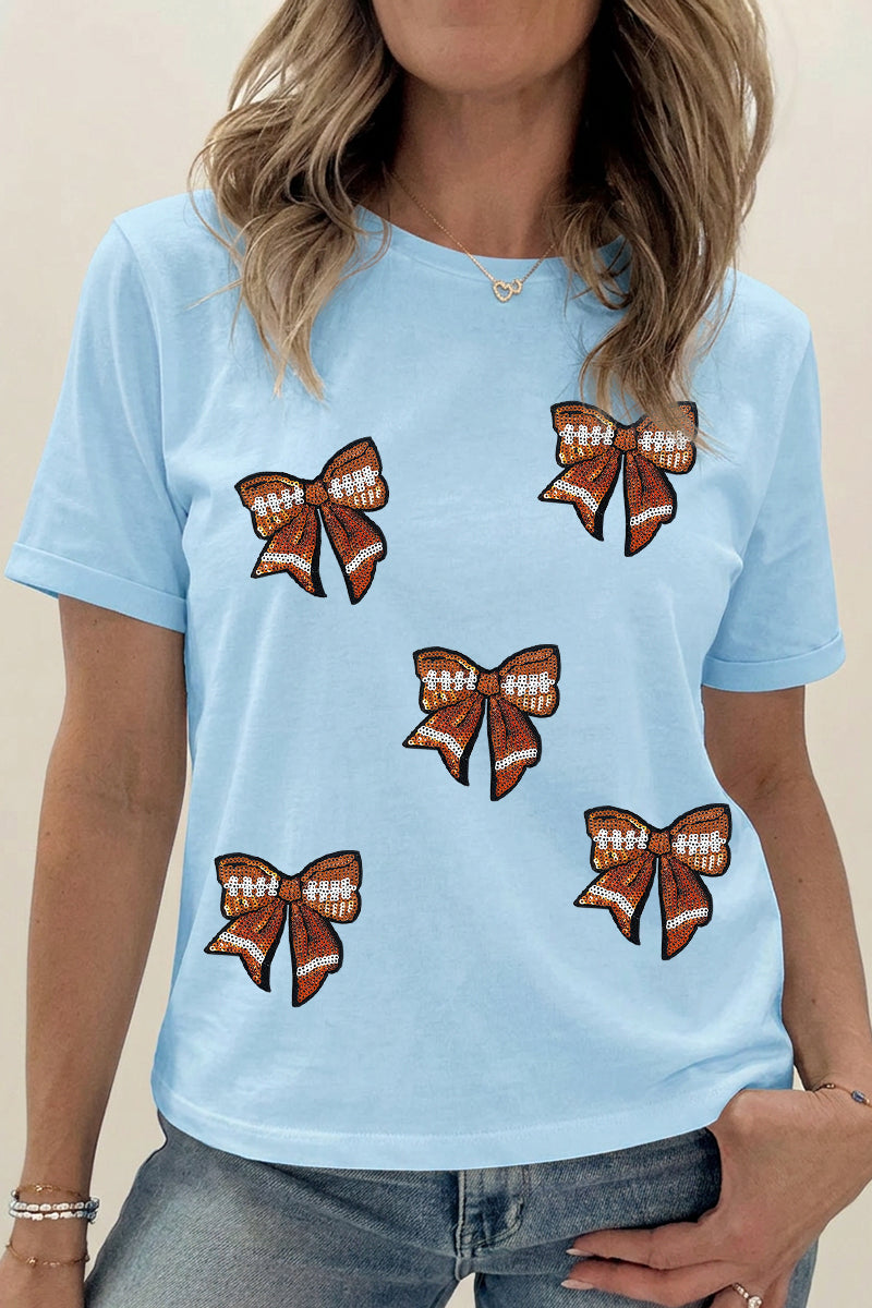 Football Bow Cotton Blend Tee Casual Boutique Graphic
