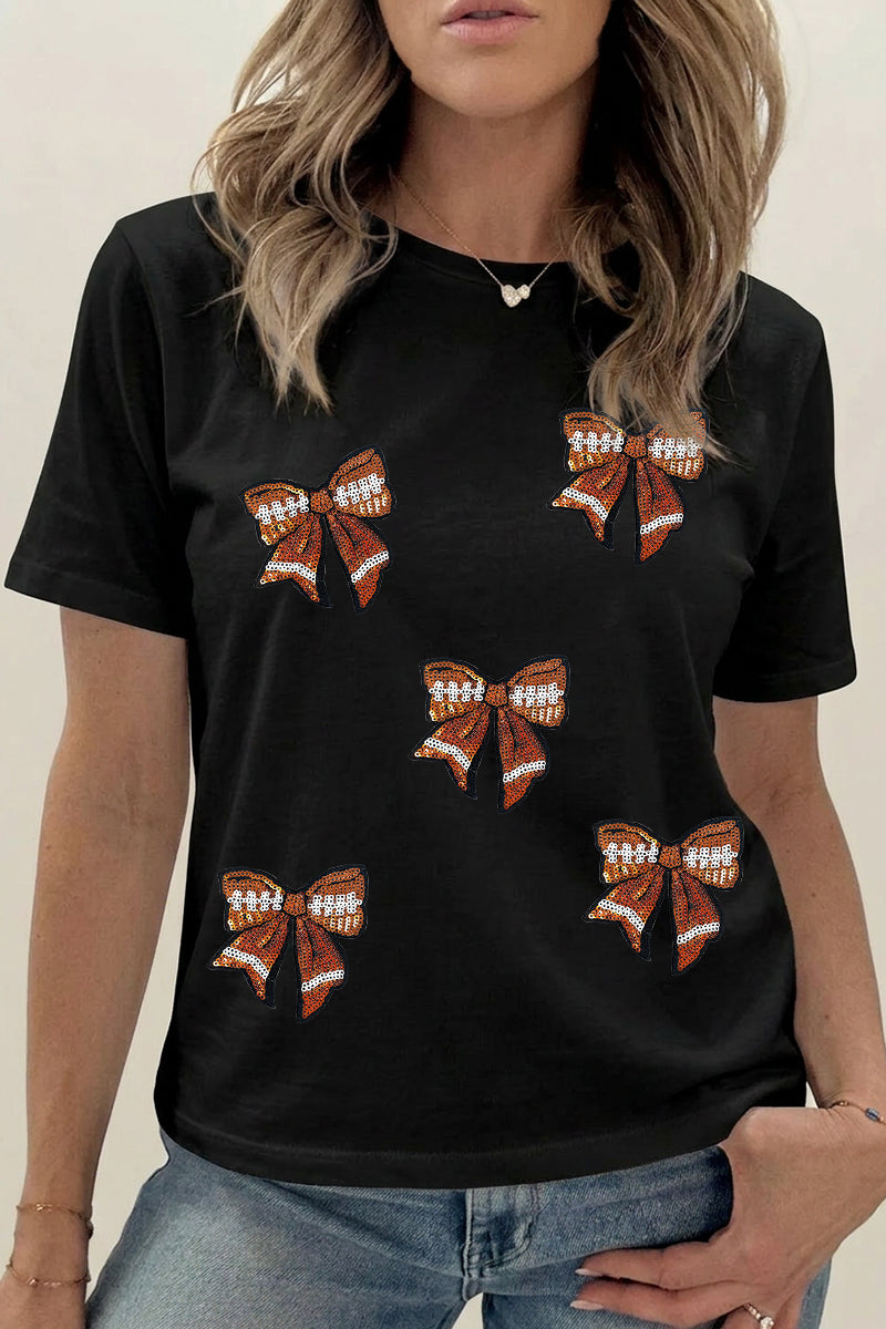 Football Bow Cotton Blend Tee Casual Boutique Graphic
