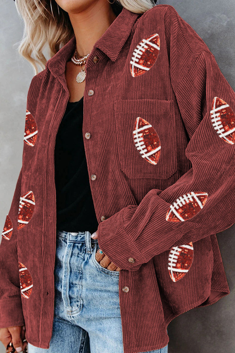 Game Day Football Patch Corduroy Button Up Shacket