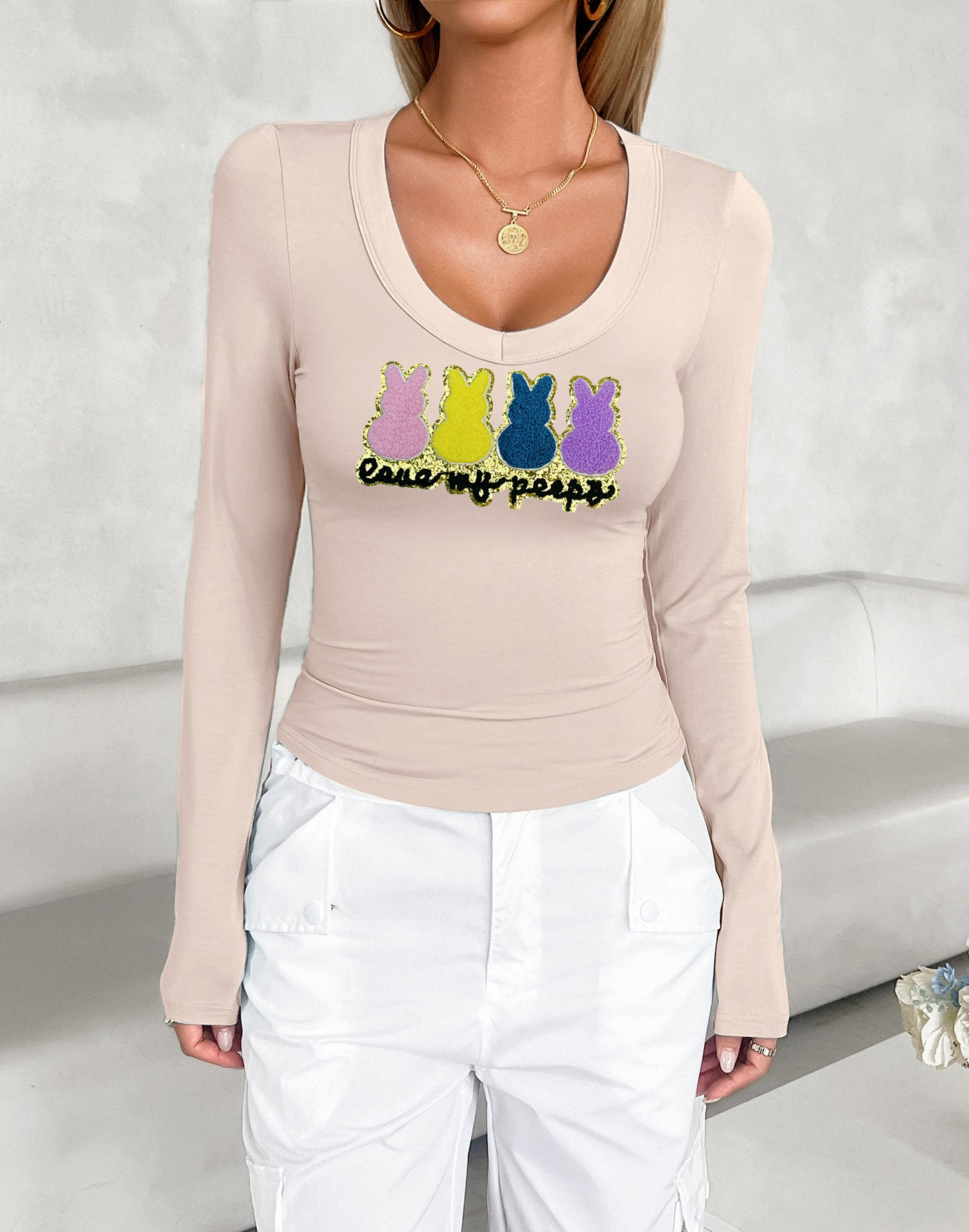 Easter Bunny Graphic U Neck Long Sleeve Fitted Top