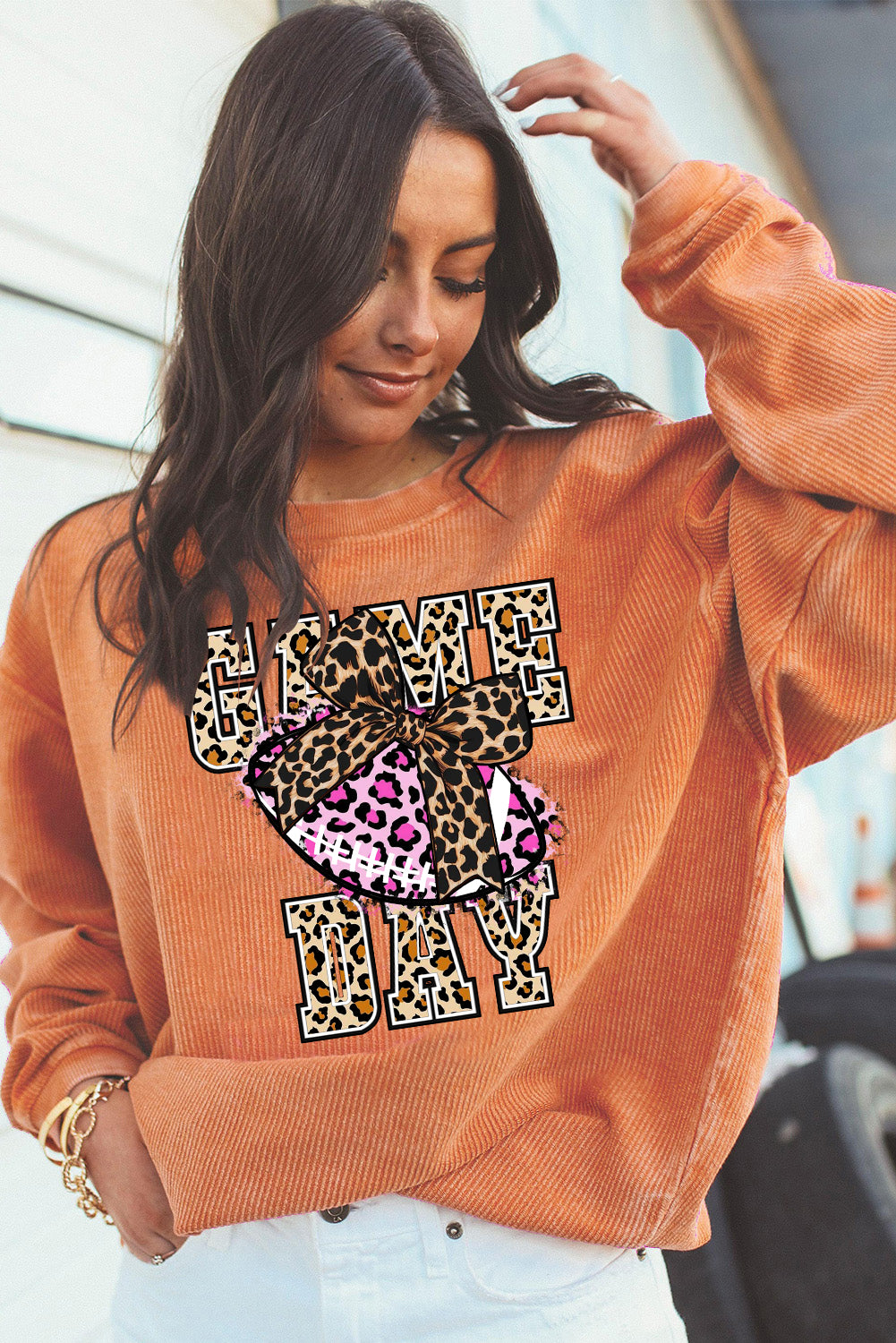 Game Day Rugby Ribbed Knit Leopard Crew Neck Pullover Sweatshirt