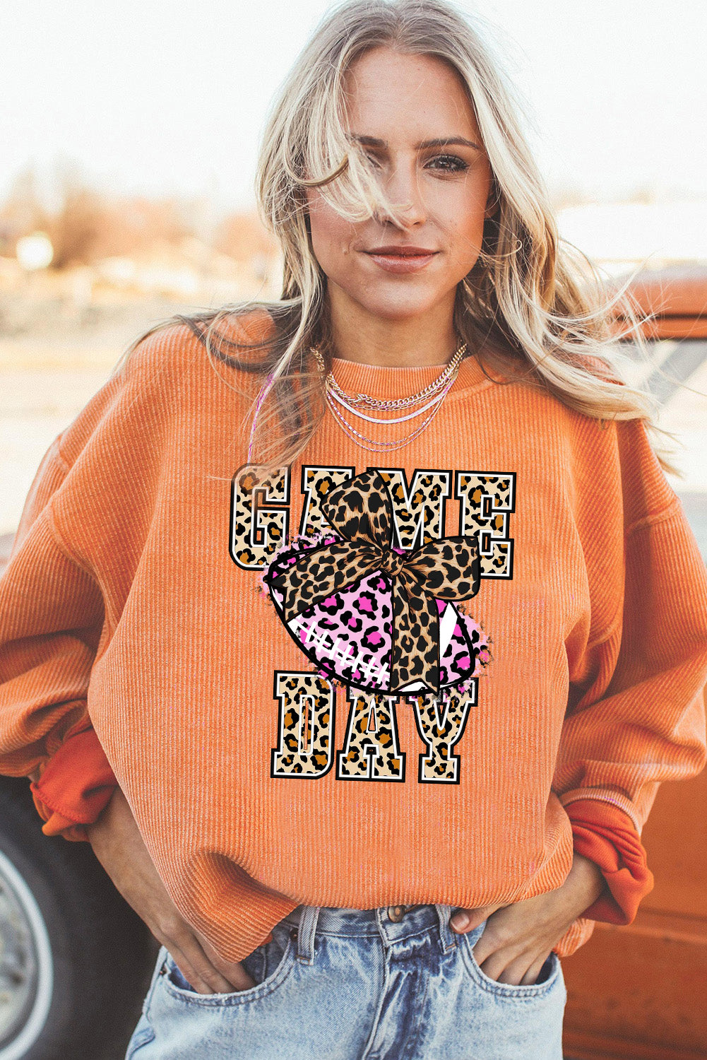 Game Day Rugby Ribbed Knit Leopard Crew Neck Pullover Sweatshirt