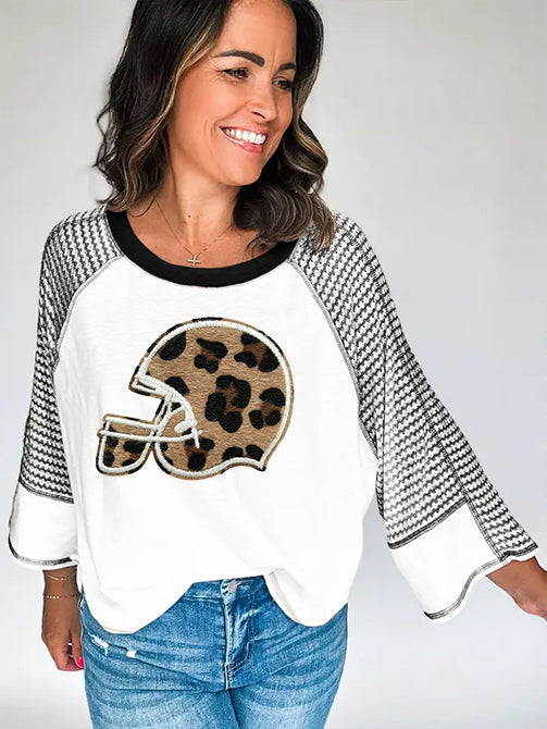 Black White Raglan Sleeve Leopard Baseball Helmet Pullover