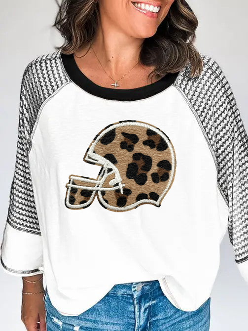 Black White Raglan Sleeve Leopard Baseball Helmet Pullover