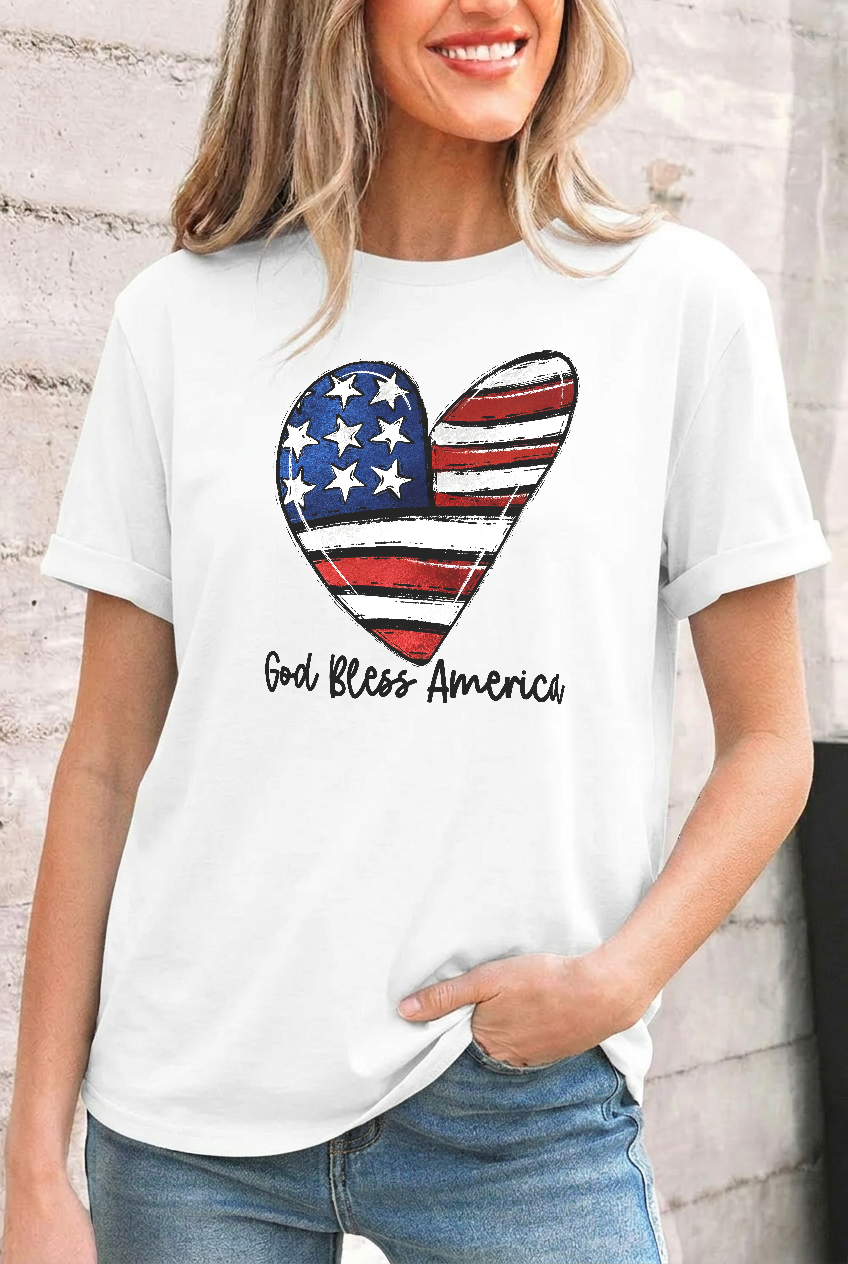 Patriotic Graphic Cotton Tee Heart Flag Freedom Top