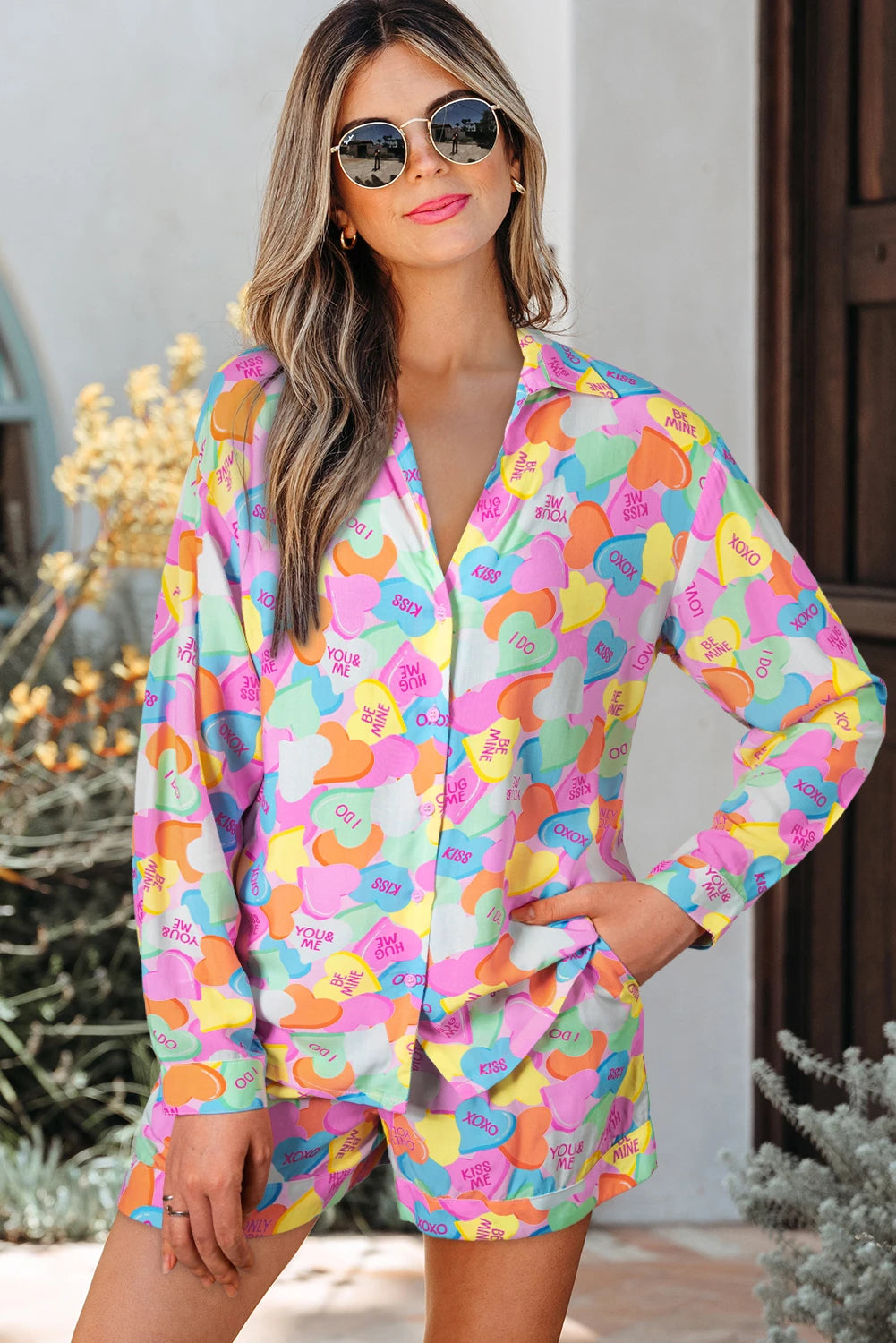 Pink Valentines Candy Heart V Neck Collared Tunic Shirt and Shorts 2pcs Pajama Set