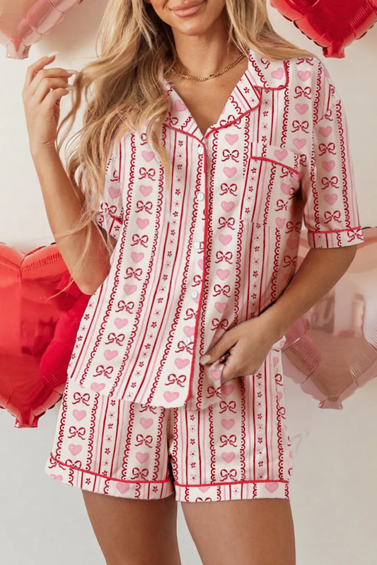 Red Cute Bow Heart Print Ribbon Decor Short 2pcs Pajama Set