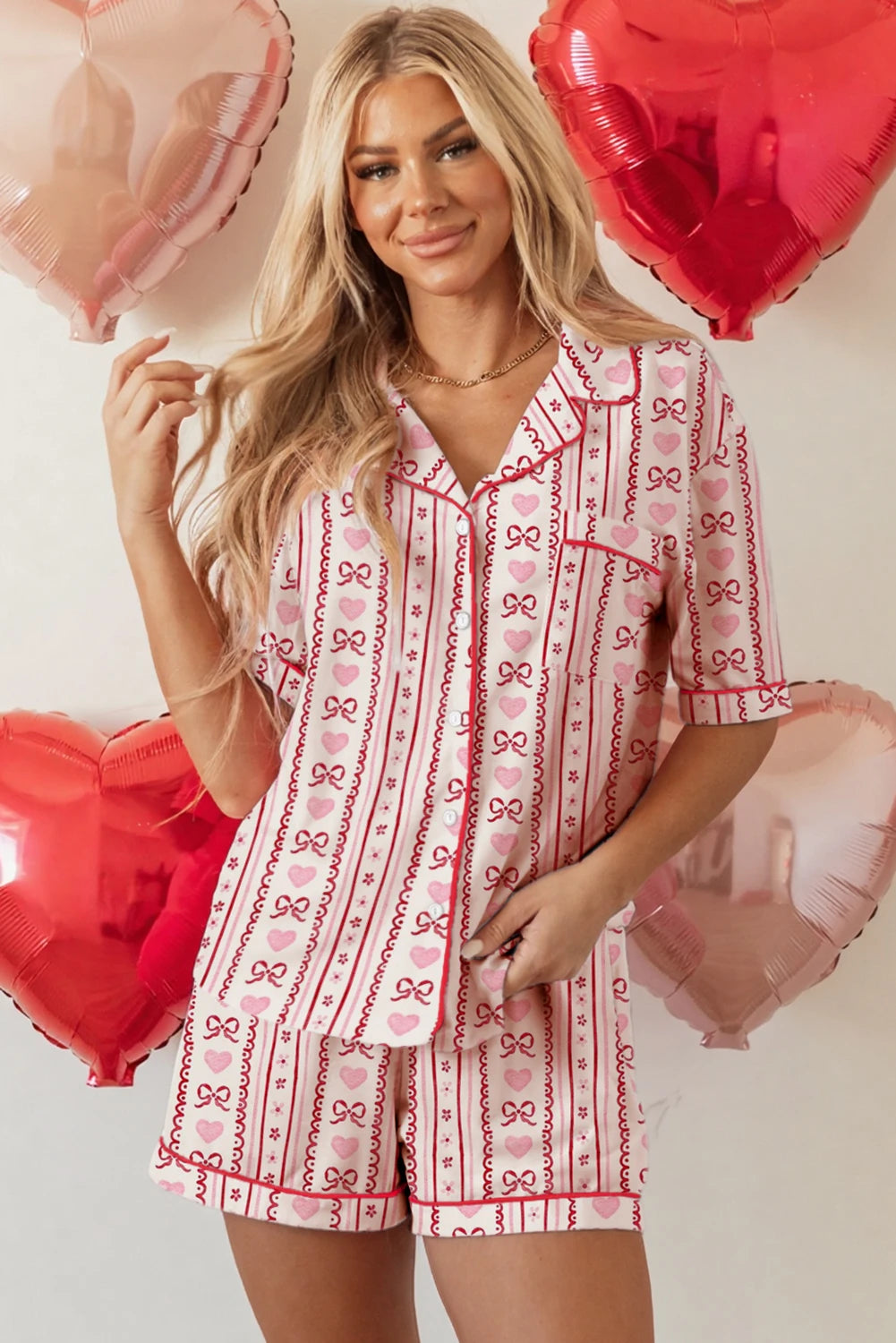 Red Cute Bow Heart Print Ribbon Decor Short 2pcs Pajama Set