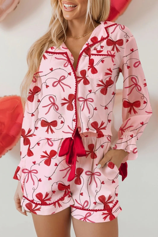 Red Bow Print Valentine Long Sleeve Shirt Shorts 2 Pcs Pajama Set