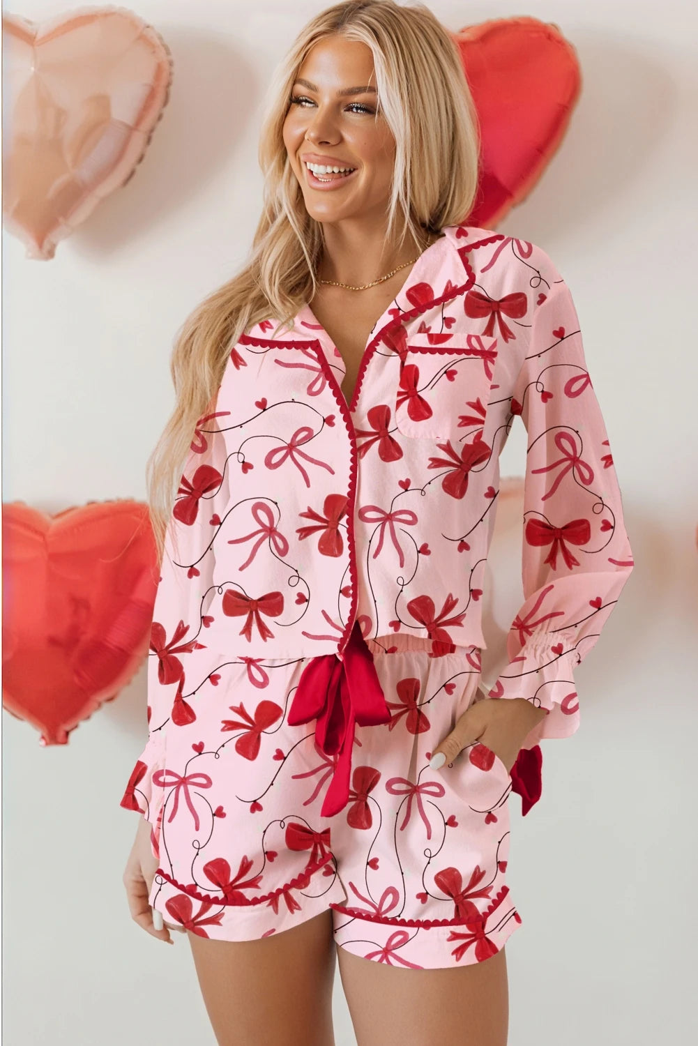 Red Bow Print Valentine Long Sleeve Shirt Shorts 2 Pcs Pajama Set