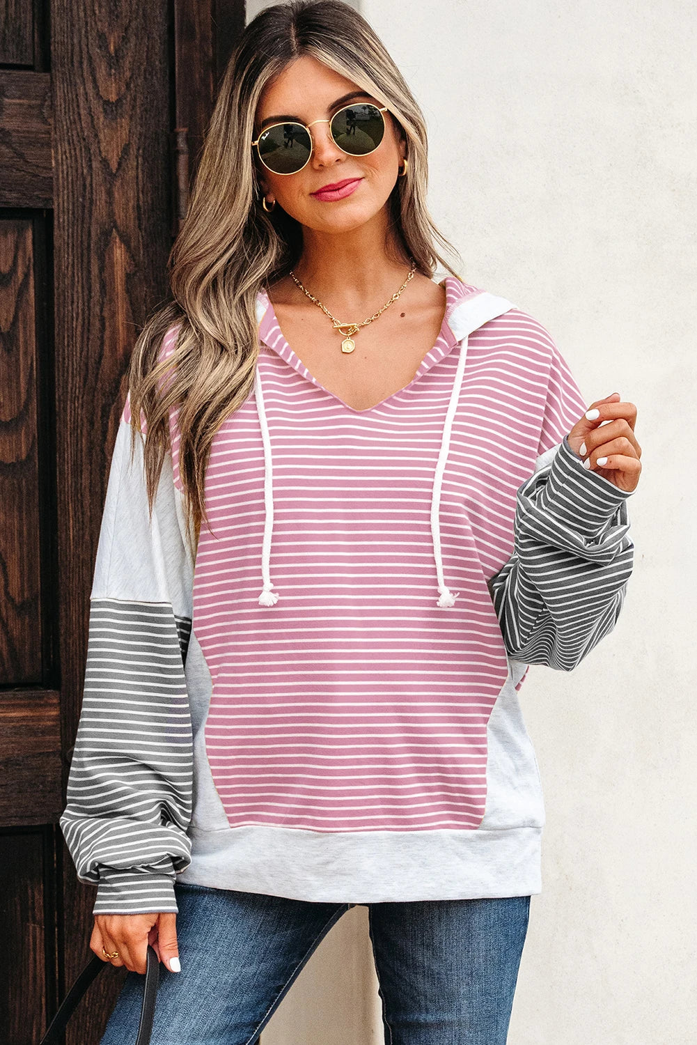 Yellow Stripe Color Block Drawstring V Neck Loose Fit Hooded Top