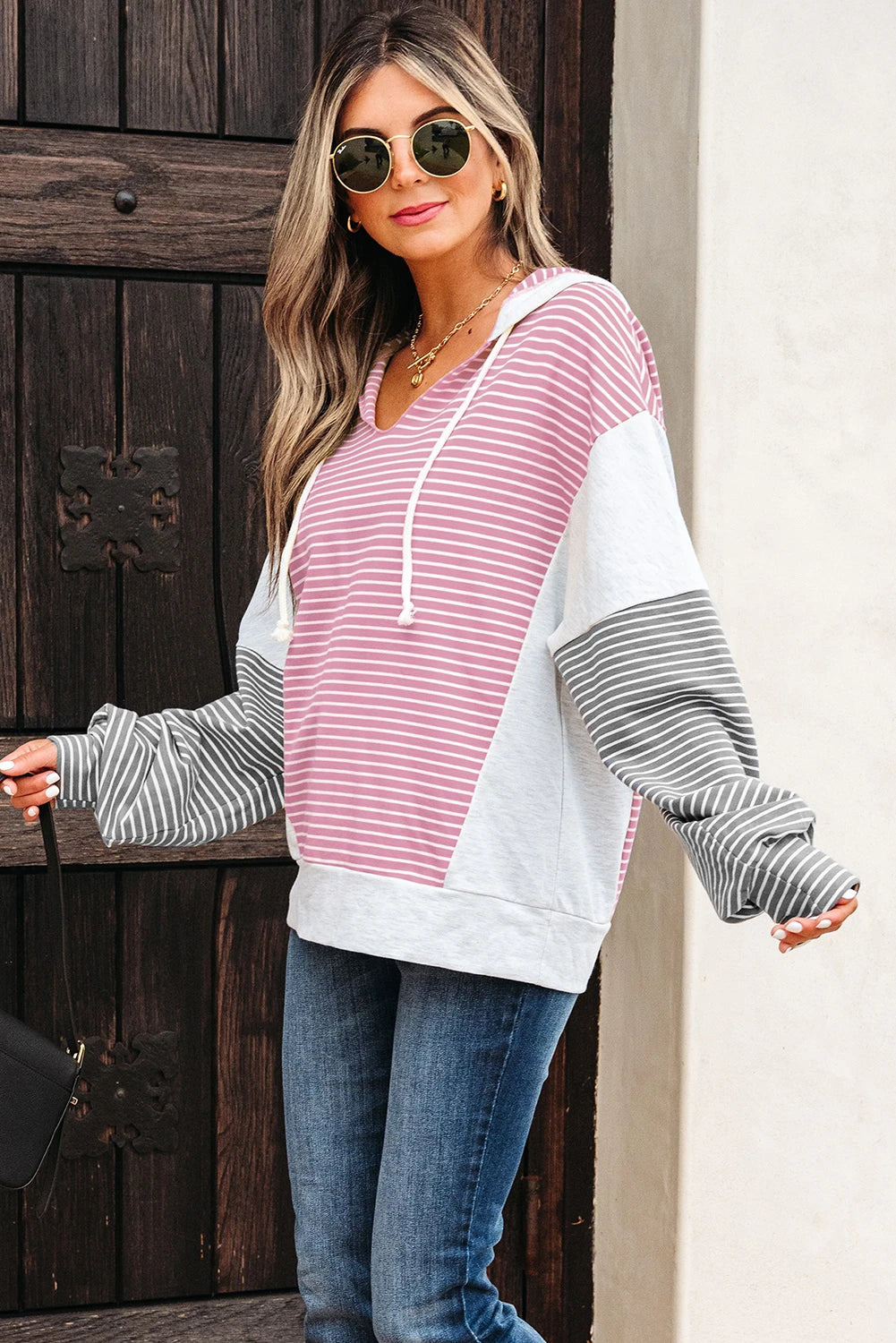 Yellow Stripe Color Block Drawstring V Neck Loose Fit Hooded Top