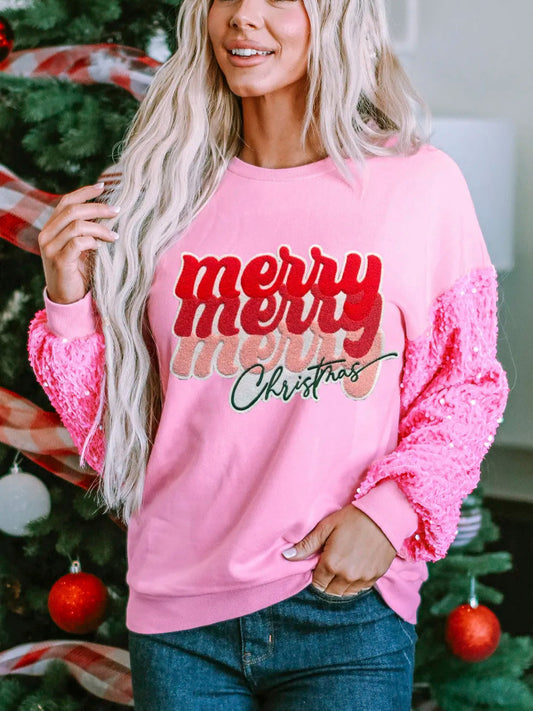 Pink Merry Christmas Graphic Sequin Sleeve Patchwork Top