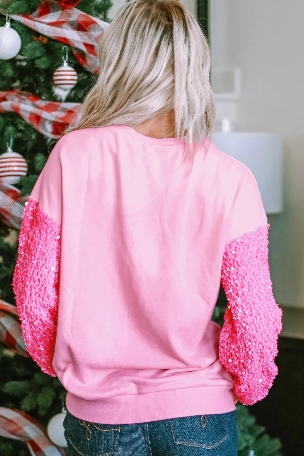 Pink Merry Christmas Graphic Sequin Sleeve Patchwork Top