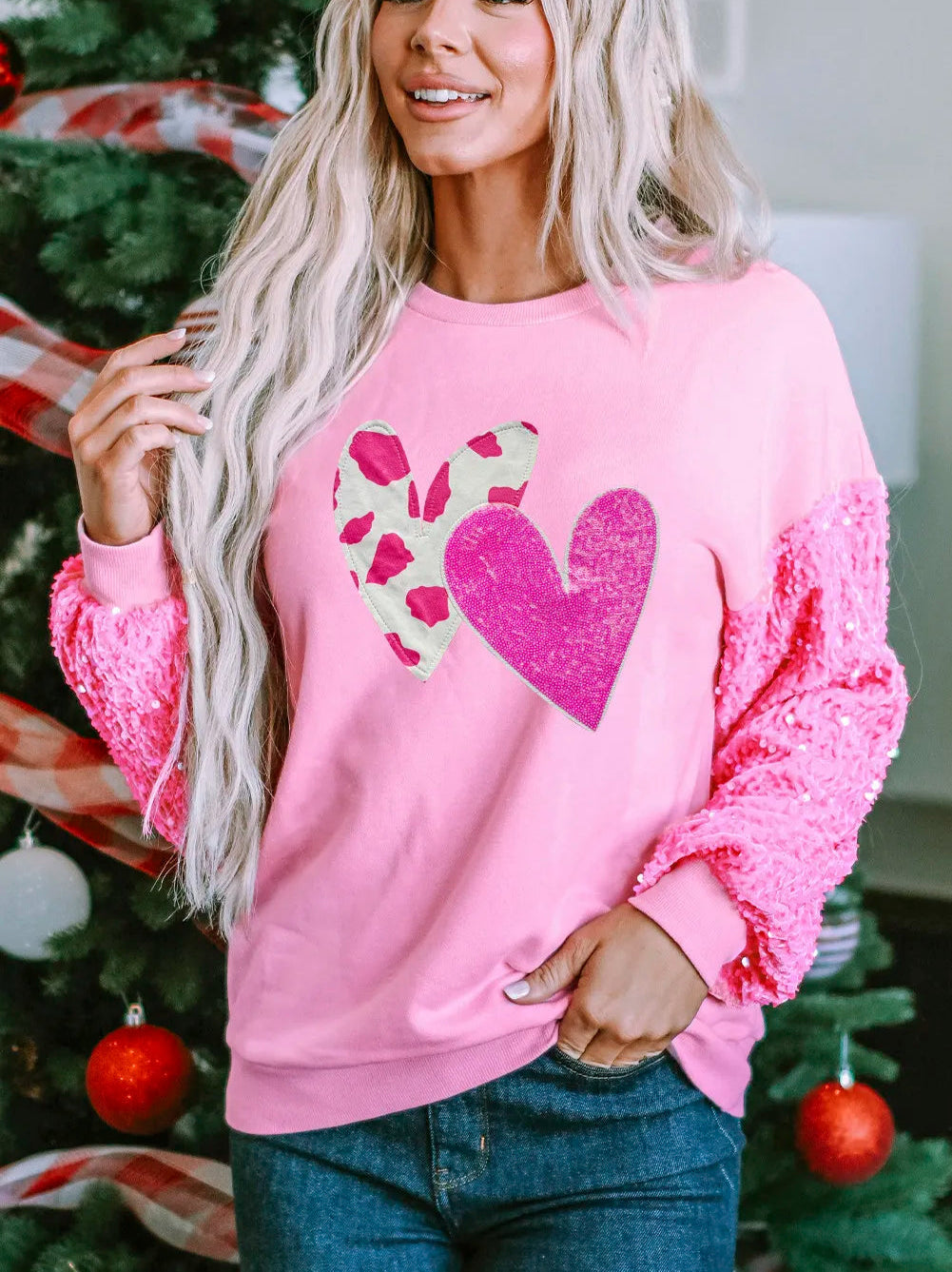 Pink Valentines Heart Graphic Sequin Patchwork Long Sleeve Top