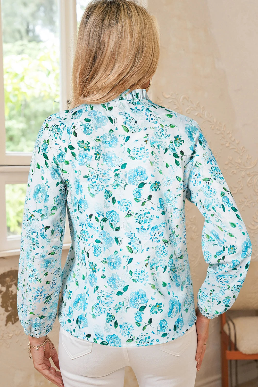 Sky Blue Floral Print Frilled Trim Tie Neck Elastic Cuffs Long Sleeve Blouse