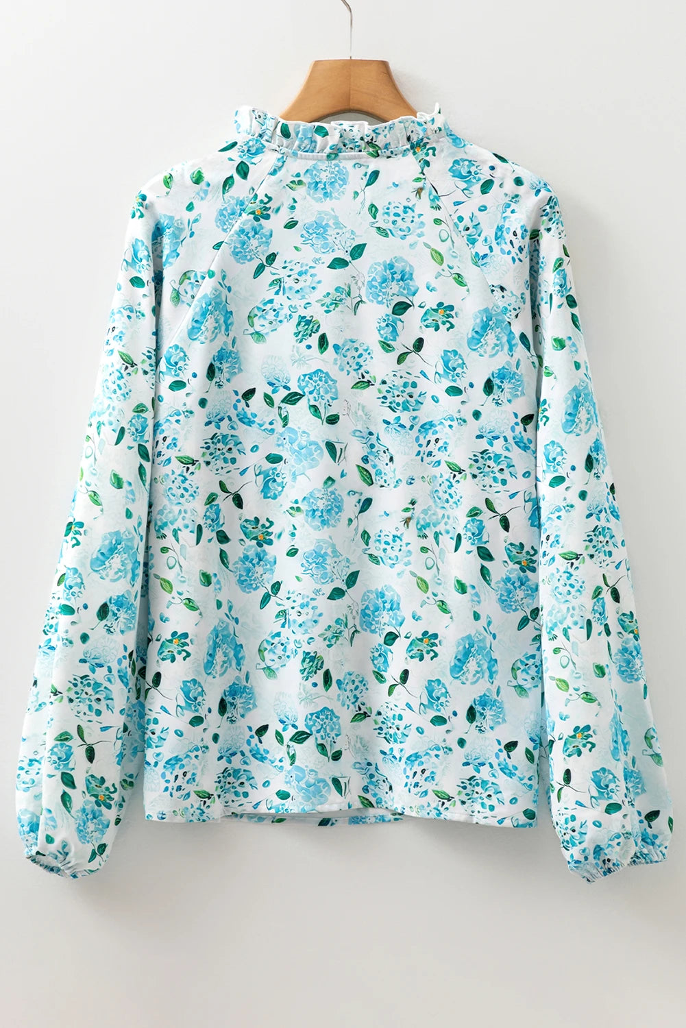 Sky Blue Floral Print Frilled Trim Tie Neck Elastic Cuffs Long Sleeve Blouse