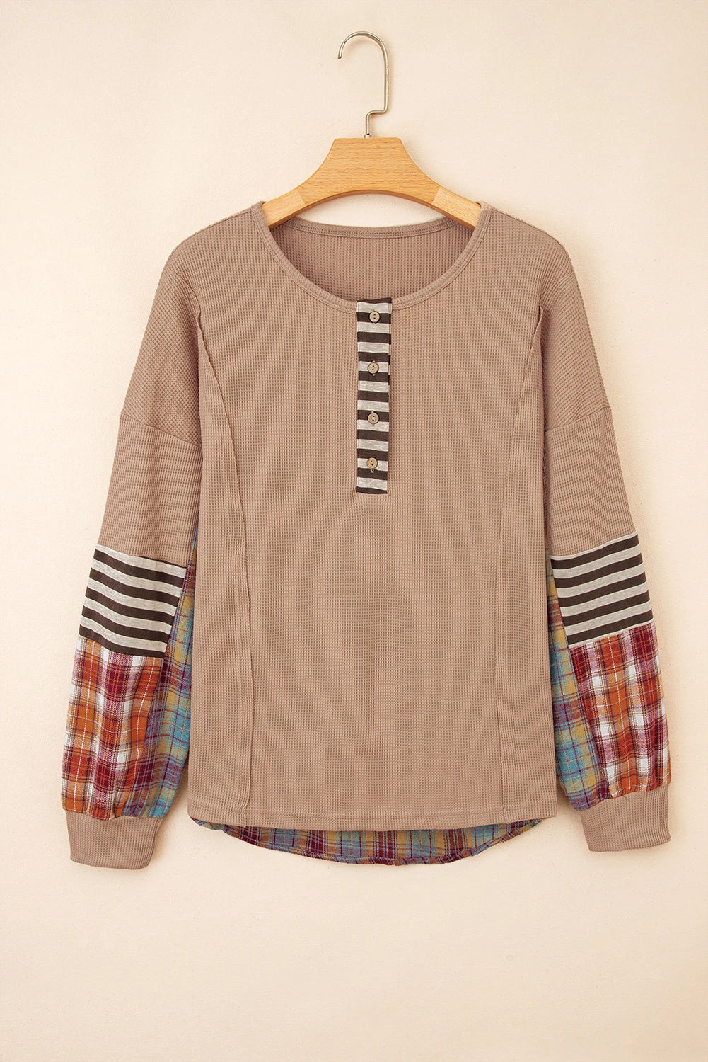 Straw Yellow Waffle Stripe Plaid Patchwork Henley Knit Top