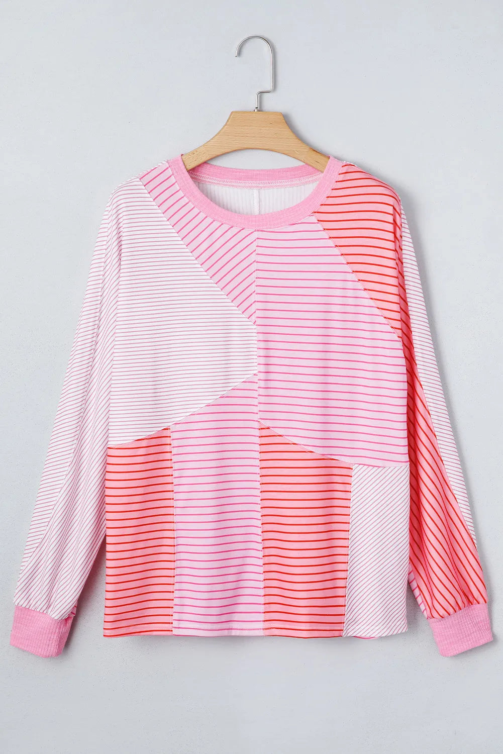 Sachet Pink Striped Colorblock Exposed Seam Casual Long Sleeve Top