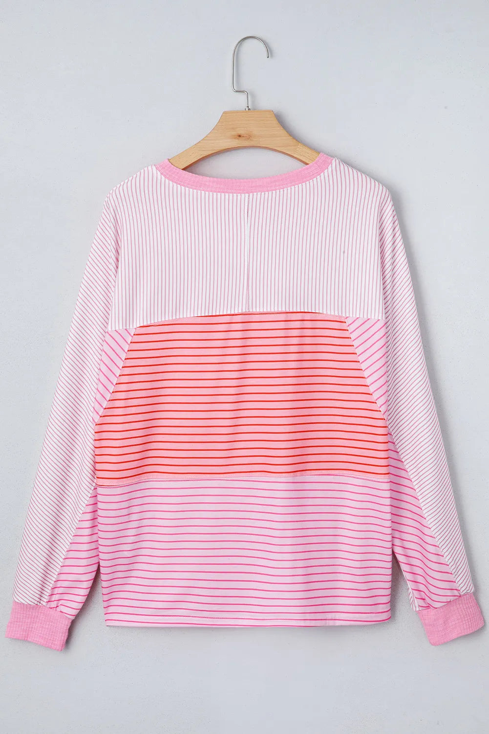 Sachet Pink Striped Colorblock Exposed Seam Casual Long Sleeve Top
