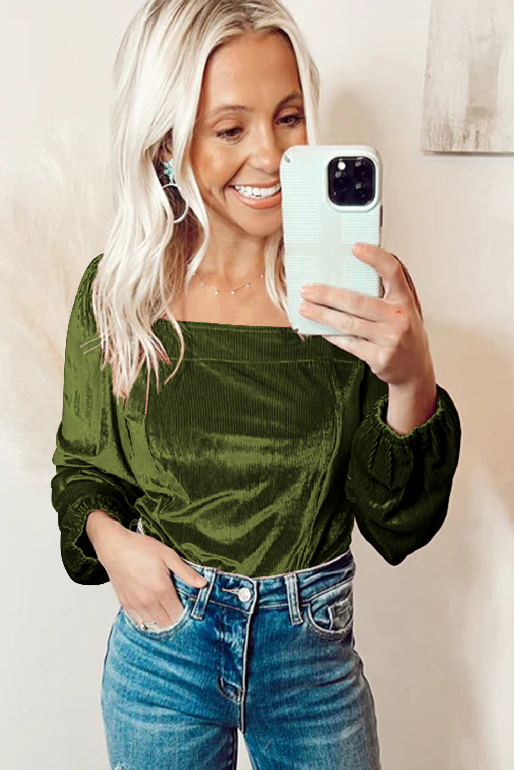 Velvet Ribbed Texture Square Neck Slim Puff Sleeve Top