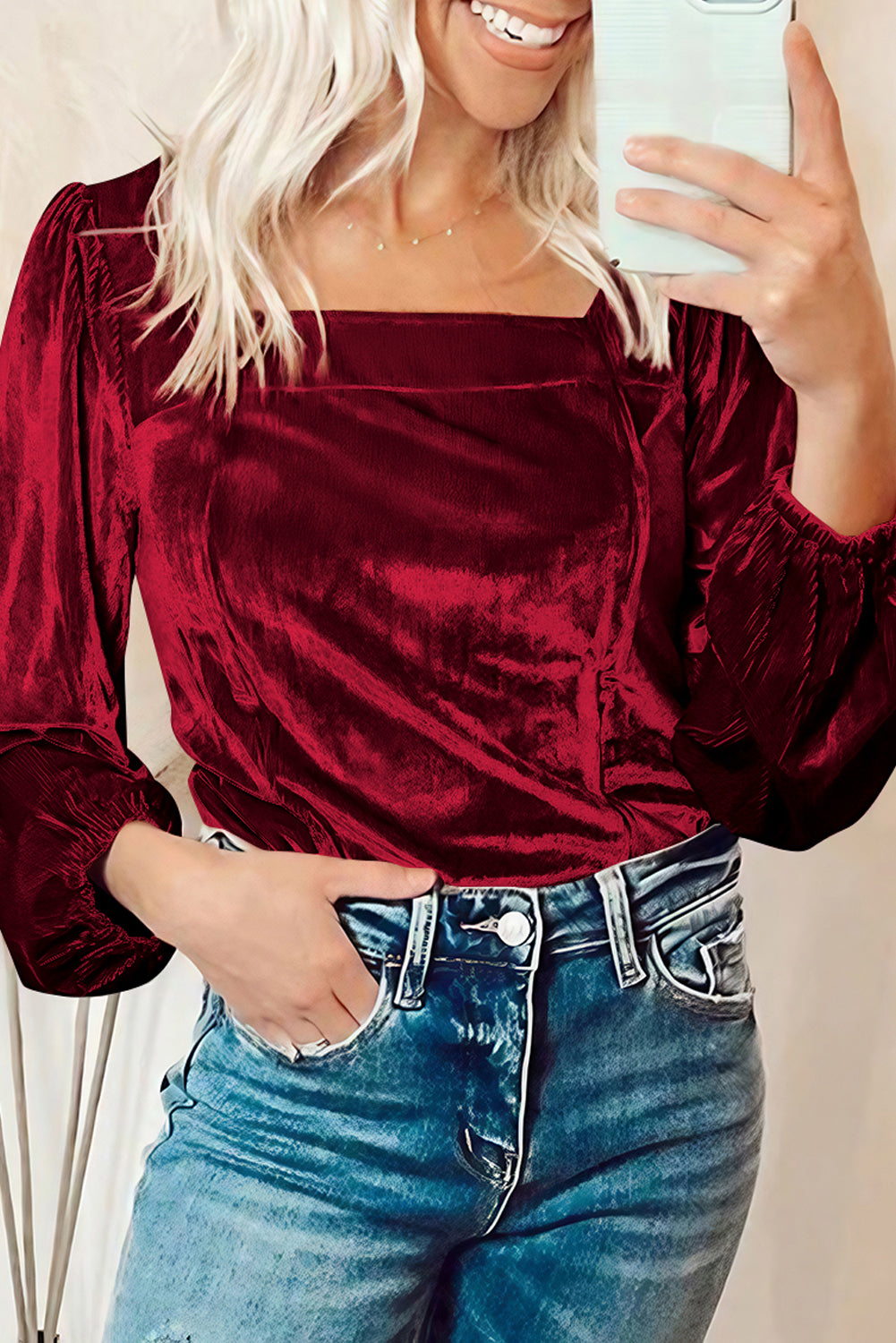 Velvet Ribbed Texture Square Neck Slim Puff Sleeve Top