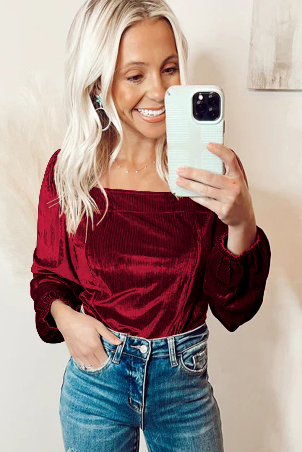 Velvet Ribbed Texture Square Neck Slim Puff Sleeve Top