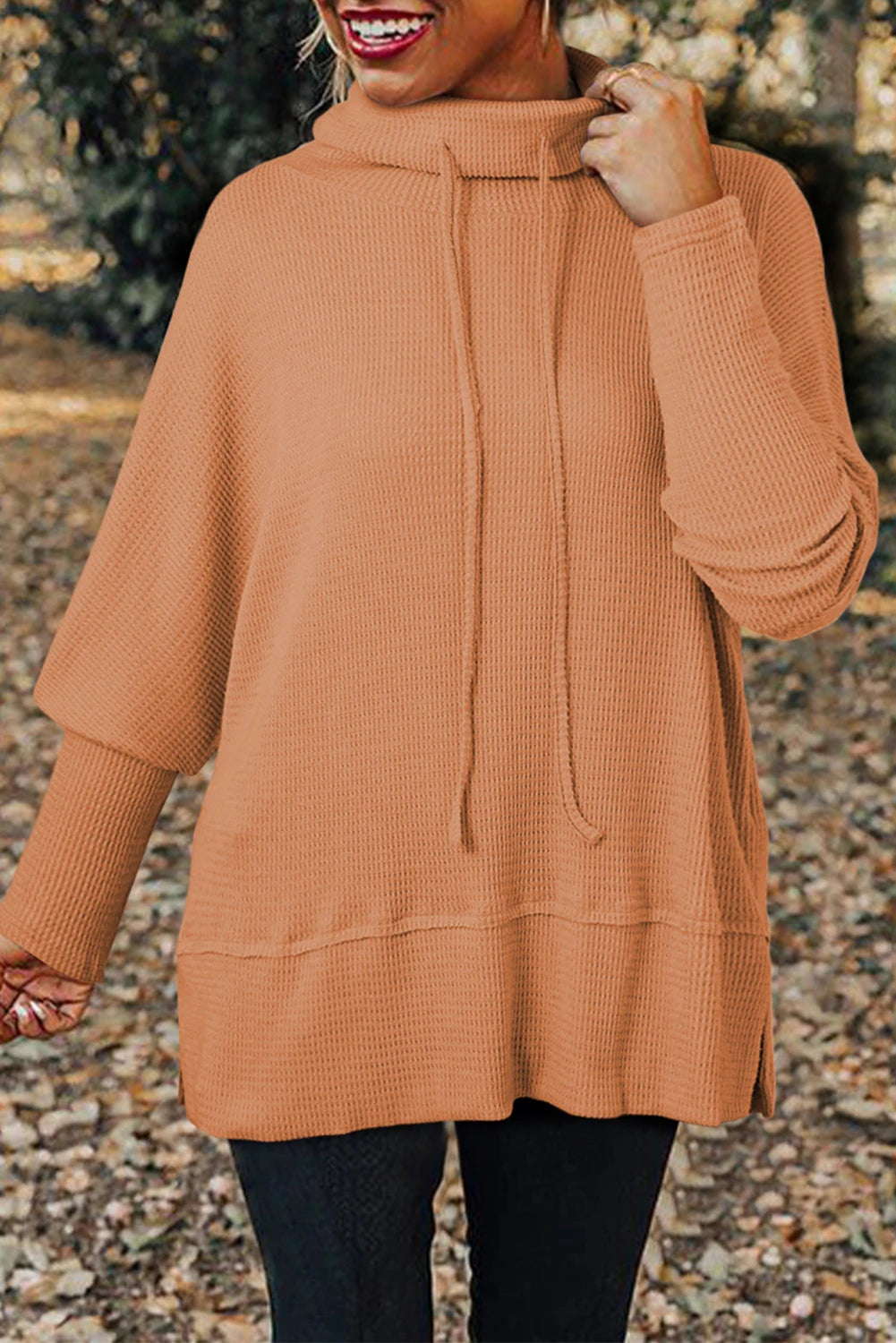 Light Grey Textured Knit Drawstring Cowl Neck Oversize Top with Side Slits