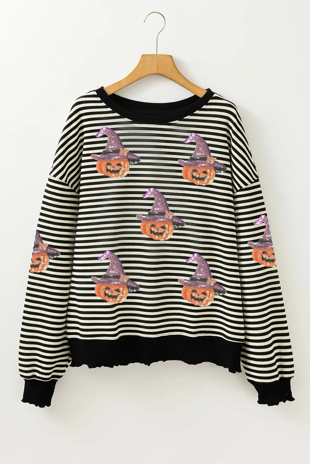 Black Stripe Halloween Pumpkin Shimmer Pattern Casual Top