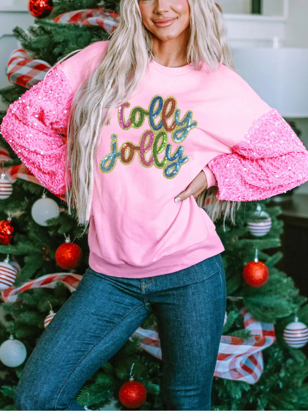 Pink Holly Jolly Sequin Letter Graphic Drop Shoulder Patchwork Long Sleeve Top