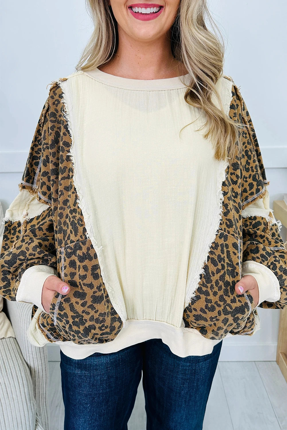 Beige Raw Seam Color Block Leopard Patchwork Baggy Long Sleeve Top