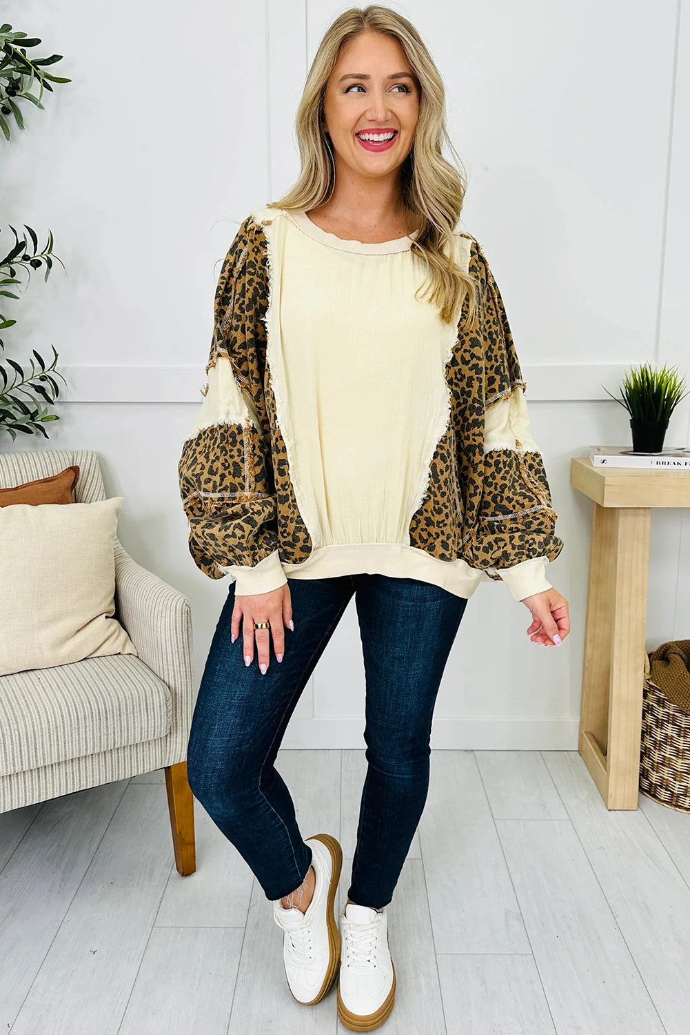 Beige Raw Seam Color Block Leopard Patchwork Baggy Long Sleeve Top