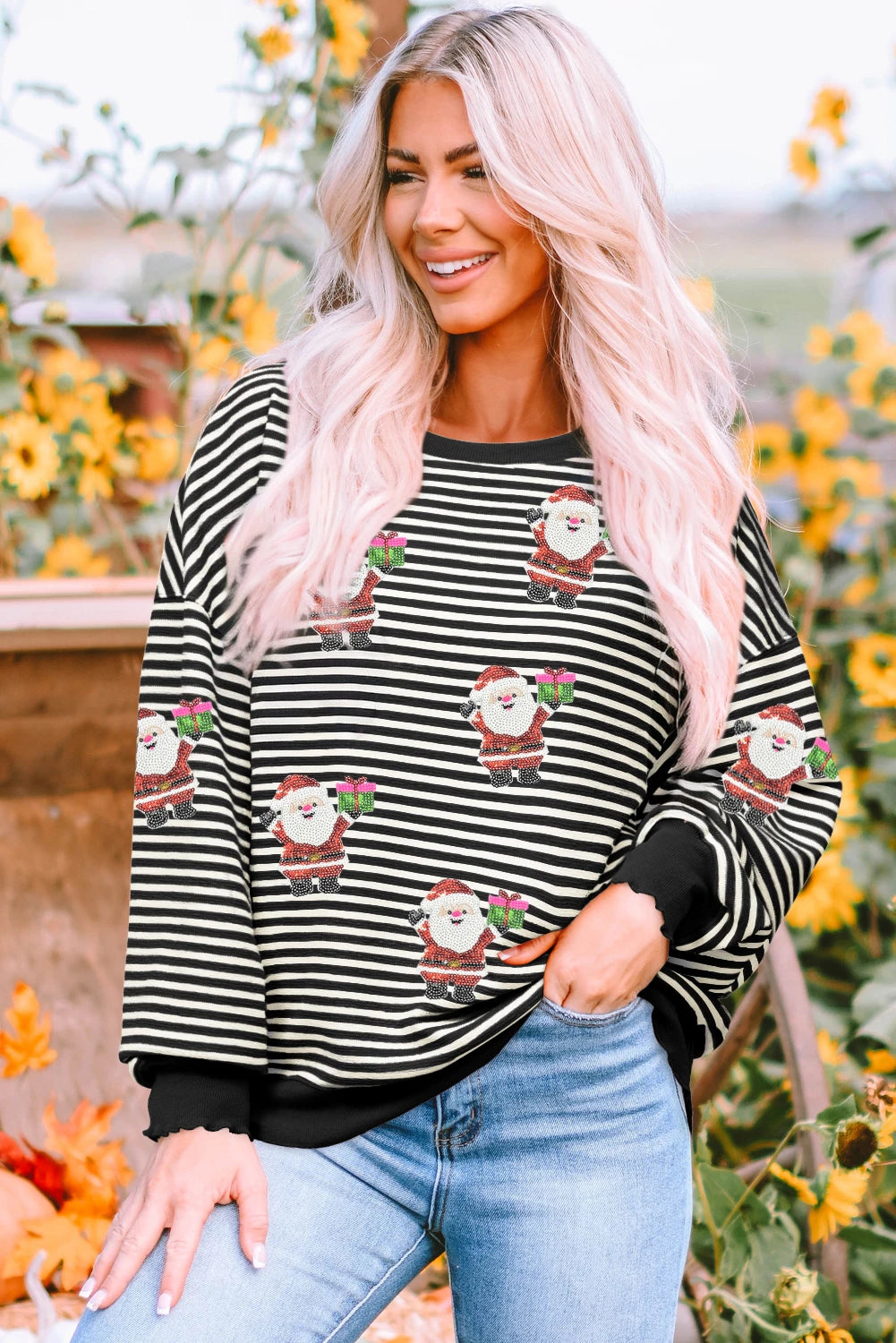 Black Stripe Santa Delivery Gift Sequin Patched Graphic Long Sleeve Top