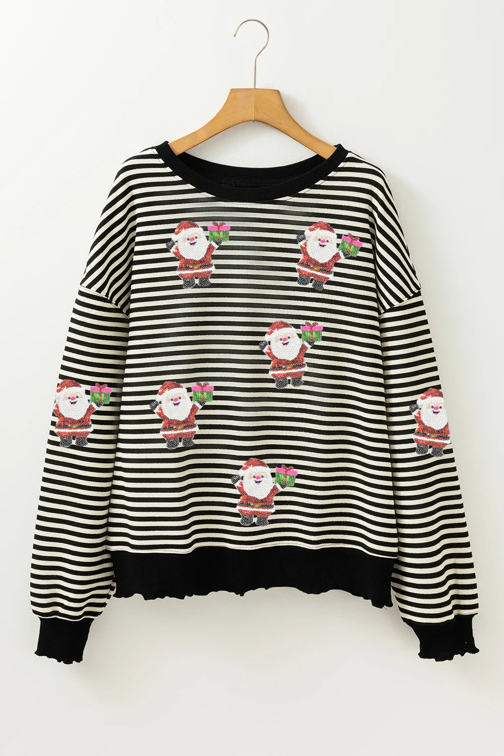 Black Stripe Santa Delivery Gift Sequin Patched Graphic Long Sleeve Top