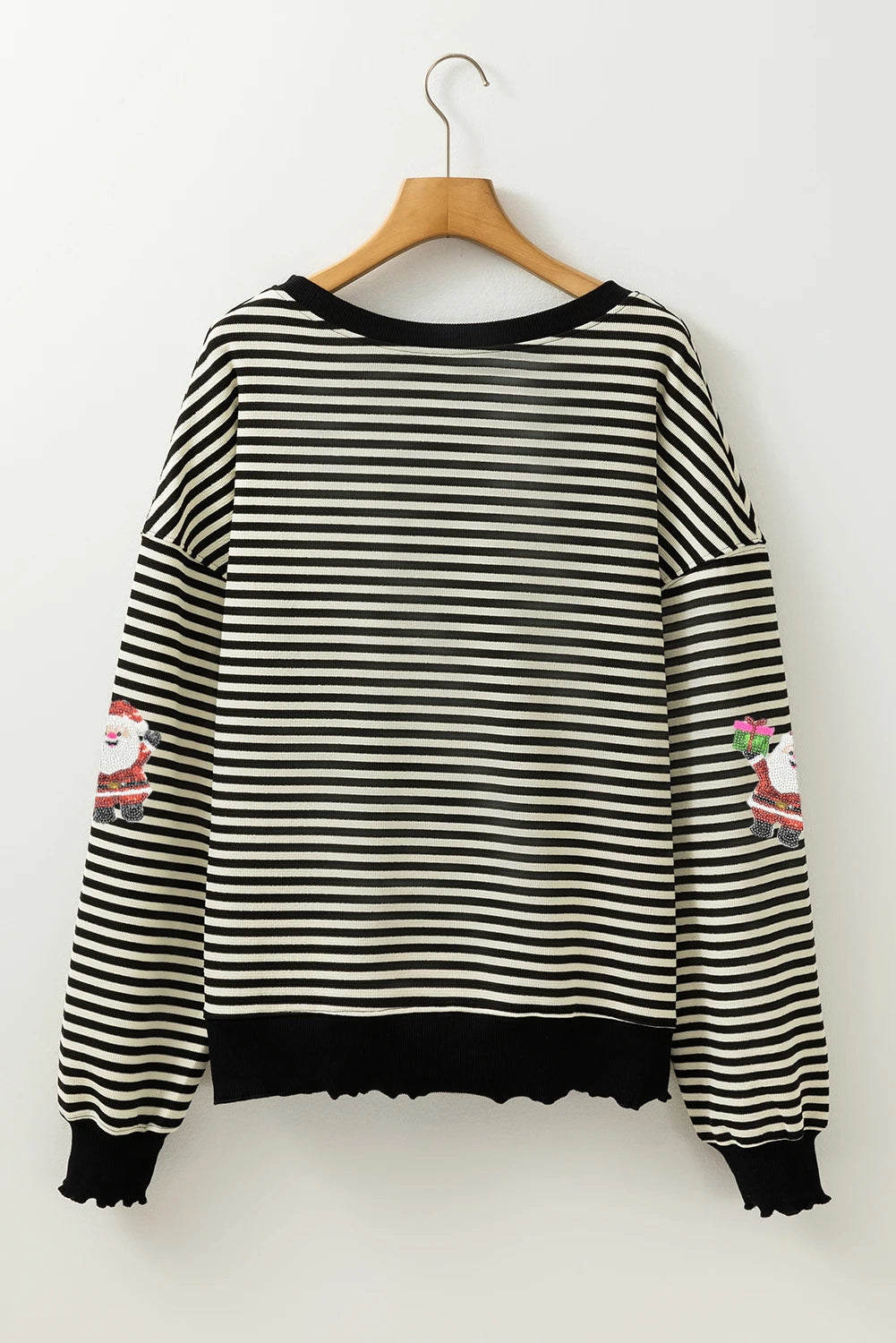 Black Stripe Santa Delivery Gift Sequin Patched Graphic Long Sleeve Top