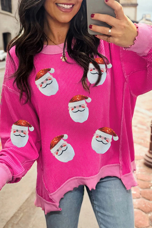 Strawberry Pink Twisted Ribbed Color Block Patchwork Sequin Father Christmas Graphic Top