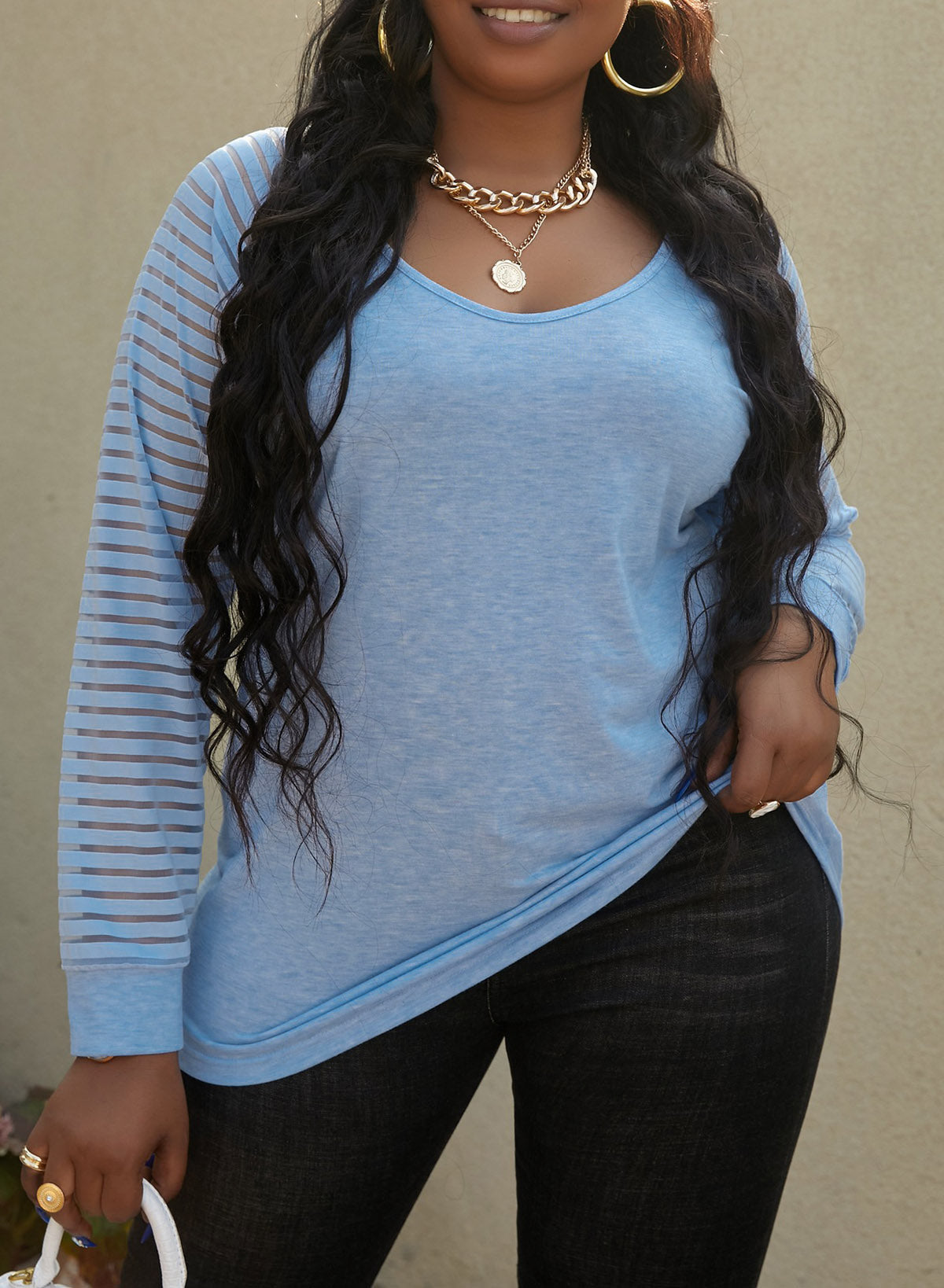 Blue Striped Cut-out Long Sleeve T Shirt