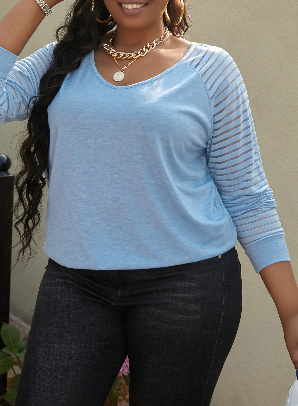 Blue Striped Cut-out Long Sleeve T Shirt