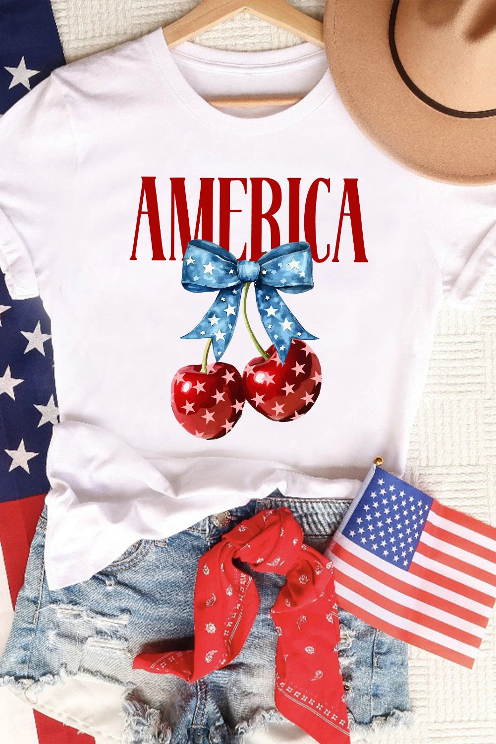 White AMERICA Bow Cherry Print Crewneck T Shirt