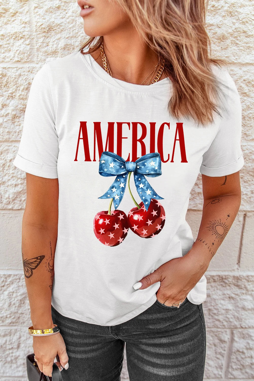White AMERICA Bow Cherry Print Crewneck T Shirt