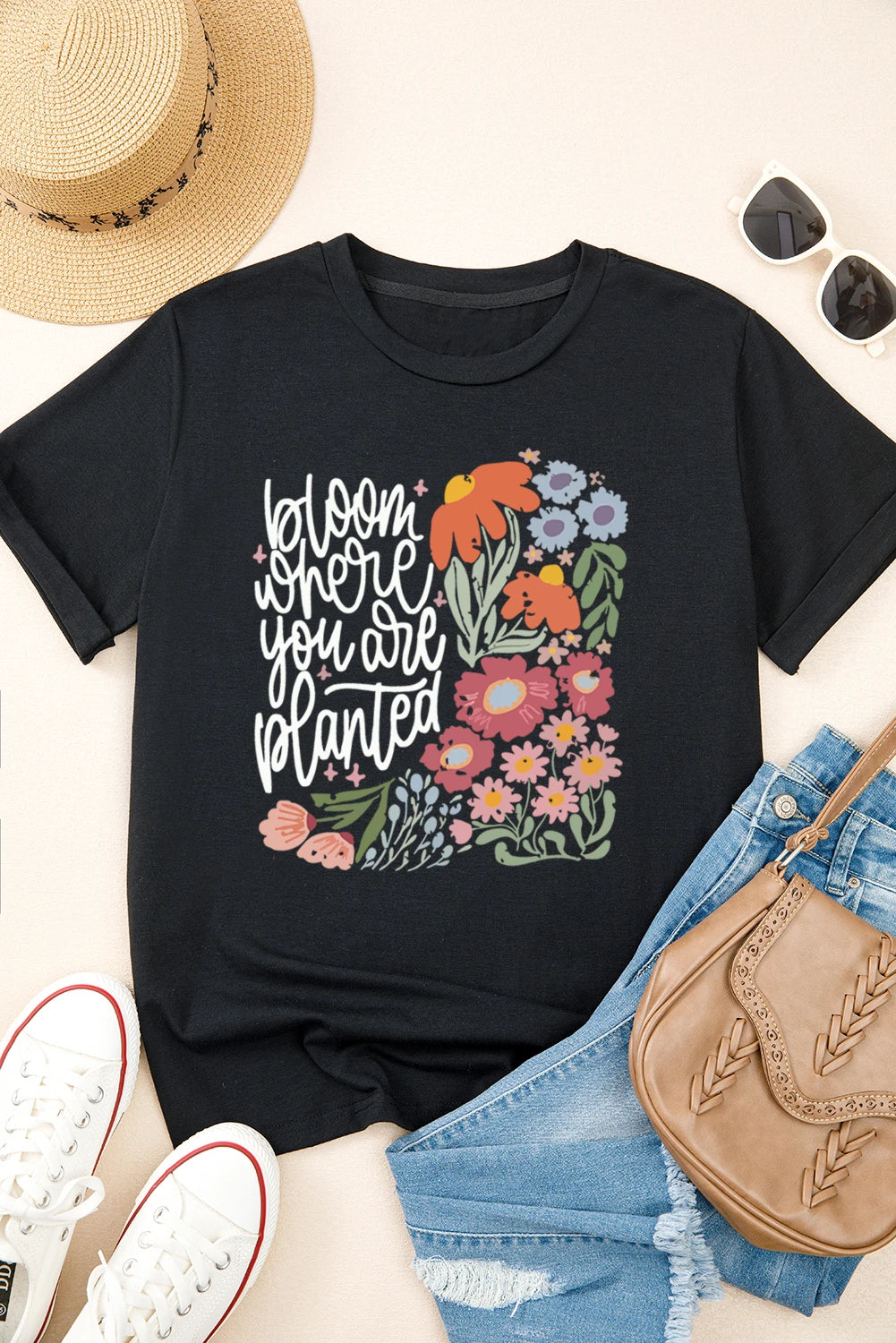 Black bloom where you are planted Floral Printed T Shirt